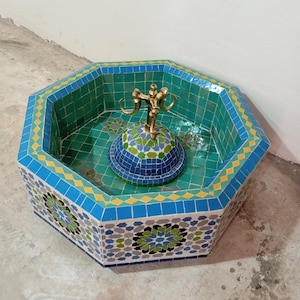 Handmade Moroccan Mosaic Fountain – Octagonal Indoor Outdoor Water Feature with Brass Spout – Zellige Tile Garden Patio Decor –Artisan Piece