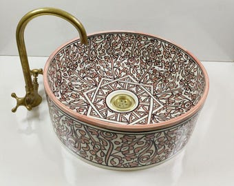 ピンクのモロッコ風セラミックシンク、花柄、手作り、洗面化粧台用シンク