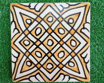 Hand-Painted Moroccan Ceramic Tile, Decorative Wall Art (4x4in)