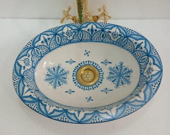 Lavabo marroquí de cerámica pintado a mano, lavabo azul claro, decoración rústica.