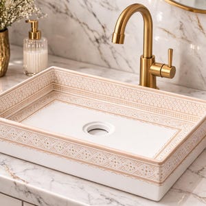 Pode incluir: Lavatório retangular de cerâmica branca com uma borda bege decorativa. Uma torneira dourada está instalada na bancada. O lavatório é rodeado por uma bancada de mármore, com um vaso dourado e um dispensador de sabonete no fundo.