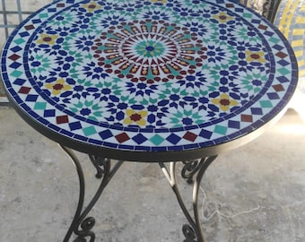 屋外パティオ用ガーデンモザイクテーブル、モロッコアート、素朴な
