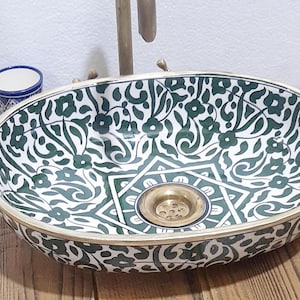 Lavabo en céramique fait main élégant, Lavabo sur mesure, Lavabo-vasque de salle de bain, Décoration de plan de travail, Style poterie de ferme, Vasque en céramique, Lavabo vert
