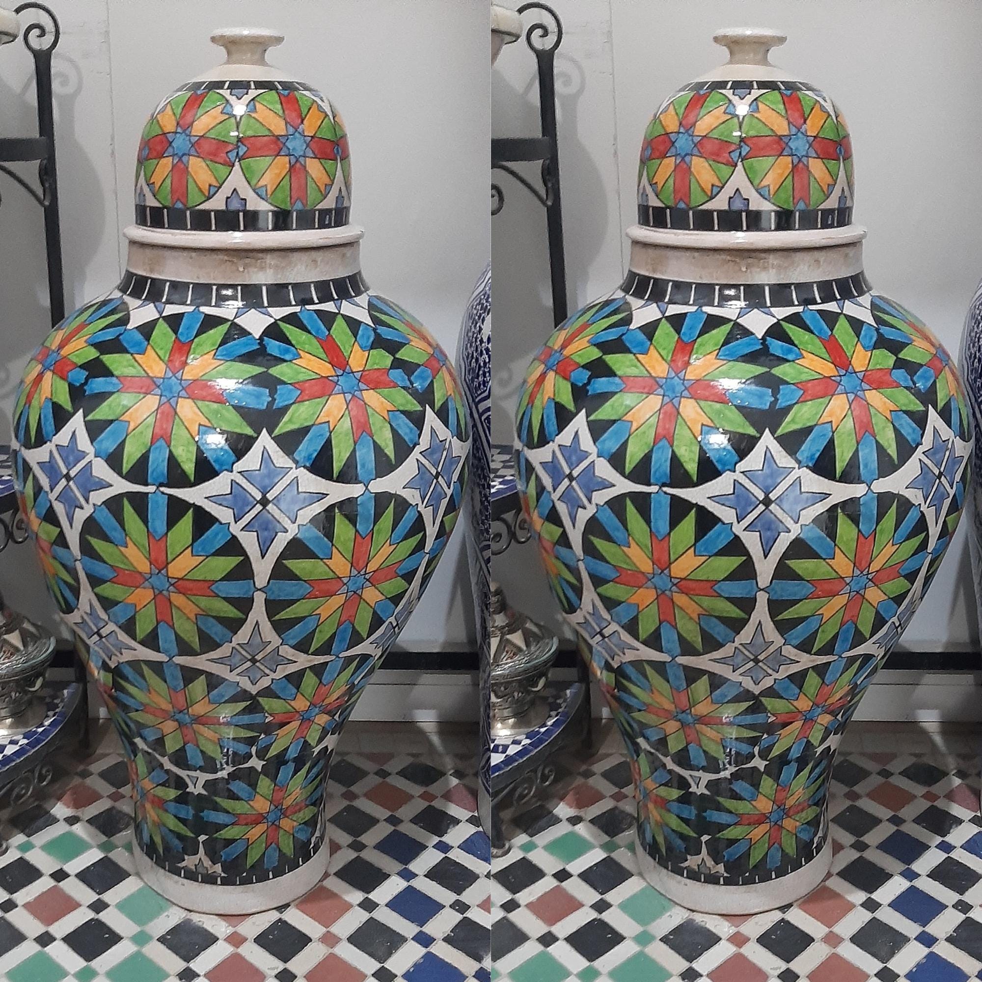 モロッコ　フェズの花入　花瓶　陶器製 手作りのモロッコ陶器の花瓶：フェズ陶器の大きなホームアクセント