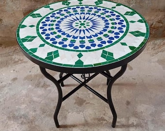 Handmade Moroccan Mosaic Bistro Table: Green & Blue Zellige Tile Patio Table