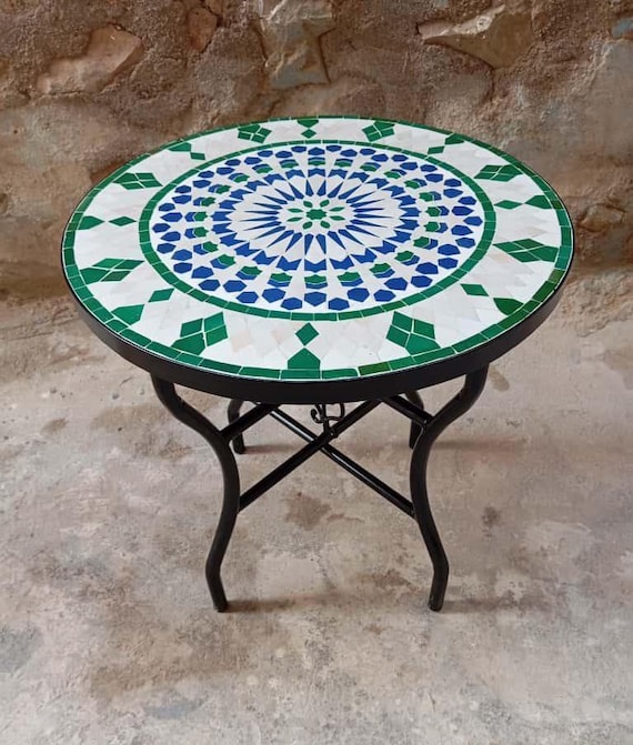 Handmade Moroccan Mosaic Bistro Table: Green & Blue Zellige Tile
