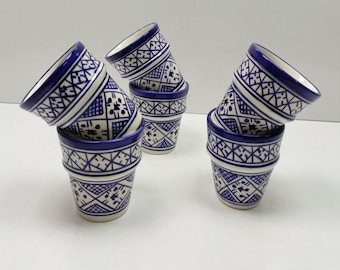 Handmade Moroccan Tea Cups - Set of 6, Hand-Painted Fes Pottery