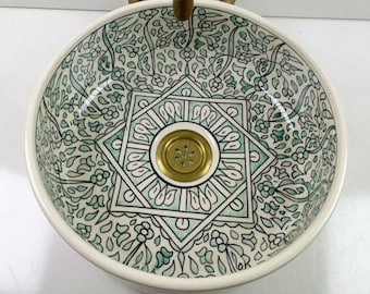 Lavabo de cerámica marroquí verde salvia hecho a mano – Lavabo de baño pintado a mano, lavabo redondo artesanal, decoración de baño estilo casa de campo