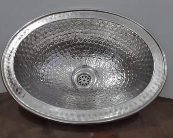Oval Silver Bathroom Sink, Handmade Moroccan Vessel Sink, Smooth Metal Vanity Sink, Custom Size Undermount Sink, Modern Home Decor