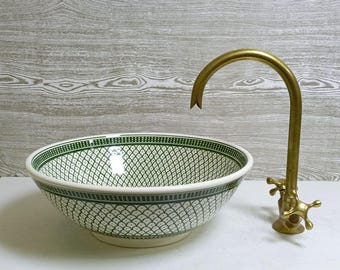 Lavabo de cerámica hecho a mano con estampado verde: lavabo redondo para baño, lavabo de montaje vertical