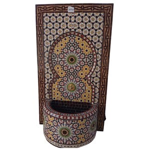 Handmade Garden Mosaic Fountain, Wall-Mounted Outdoor Water Feature, Moroccan Tile Fountain, Frost-Proof Patio Decor, Unique Yard Fountain.