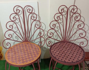 aangepaste set van 4 roze Marokkaanse mozaïek bistrostoelen, handgemaakt smeedijzeren terrasmeubilair, zitje tuintegel, terrasaccentdecor