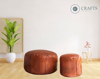Authentic Handcrafted Ottoman Leather Pouf.Round Leather hassock Ottoman,Leather Living Room Pouf ,Brown Leather Coffee Table-Square Leather