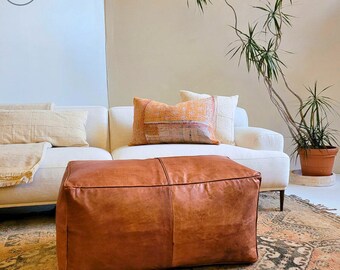 Custom Rectangular Ottoman Pouf , Large Living Room Leather Ottoman footstool, Large Brown Ottoman Leather Floor Pillow