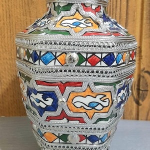 Moroccan Fes Ceramic Vase - Handmade Pottery Nickel Silver Vase- Hand-Painted Decorative Vase for Home, Unique Artisanal Ceramics, colorful,
