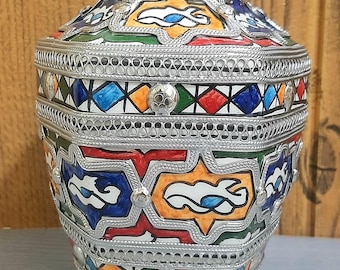 手作りのモロッコ・フェズ陶器花瓶：手描きのニッケルシルバー象嵌