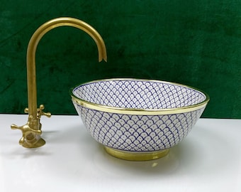 Lavabo de cerámica azul hecho a mano, con borde de latón, para baño, lavabo de pedestal, lavabo artesanal.