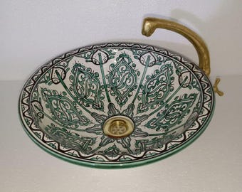 Lavabo-vasque marocain en céramique fait main : poterie artisanale verte et noire