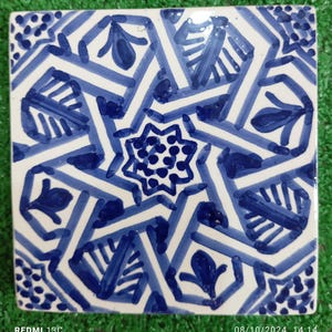 Hand Painted Moroccan Ceramic 4in x 4in, Decorative Blue Wall Tile, Artisan Crafted Backsplash, Unique Ceramic Wall Art, Moroccan Decor Tile