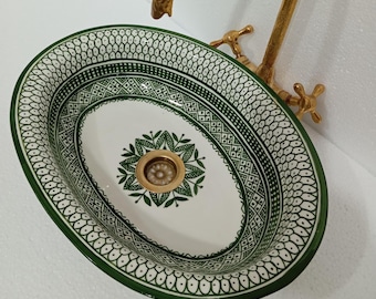 Lavabo de cerámica para baño personalizado, lavabo de tocador de cerámica hecho a mano, lavabo de encimera, elegante decoración de casa de campo, lavabo de baño verde único.