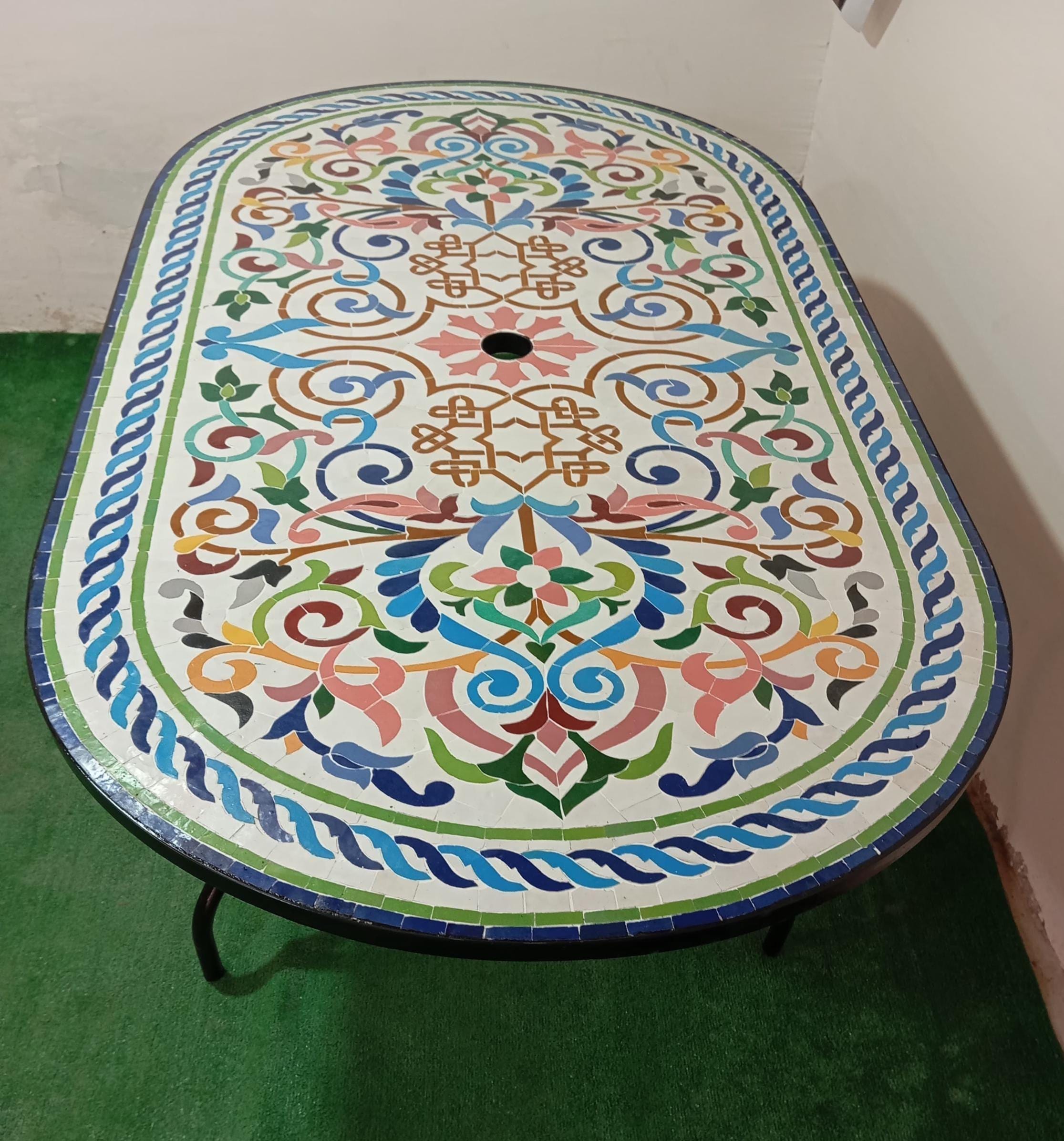 los angeles mosaic umbrella patio tables Miraval Set | Neille Olson Mosaics High durable resin housing and hub Mosaic Table With Umbrella Hole