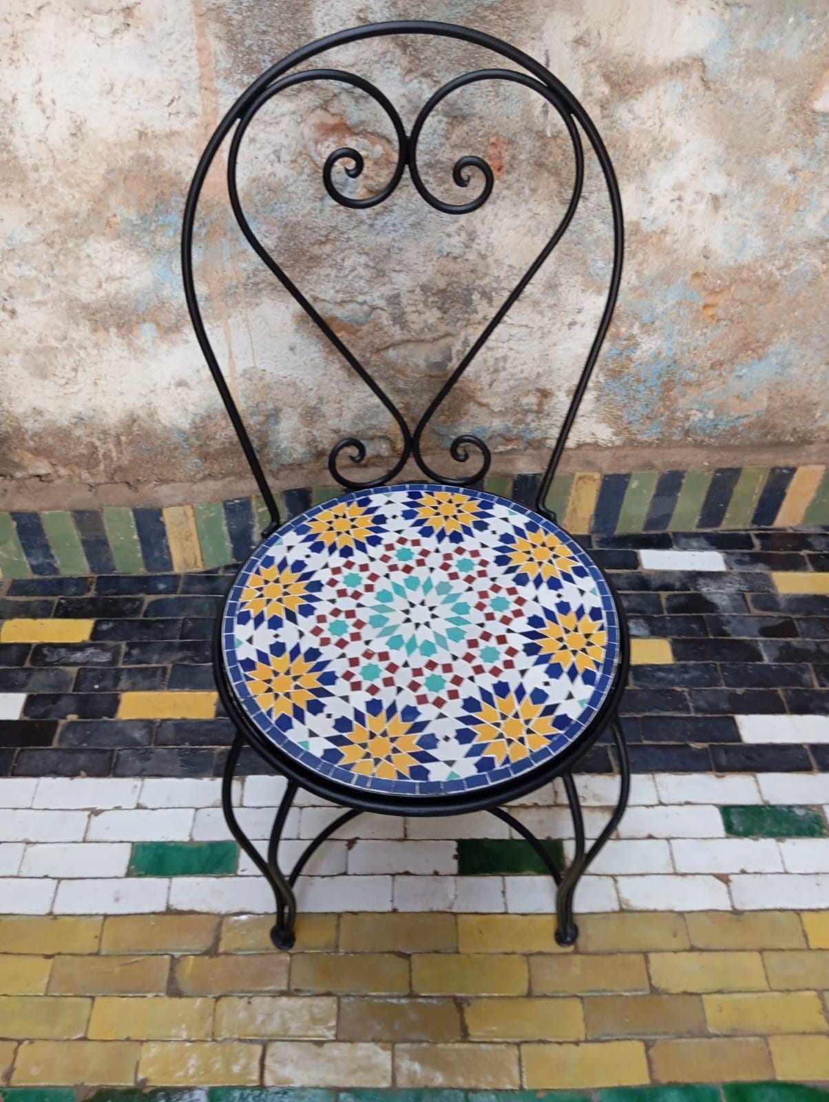 Set of 4 Moroccan Mosaic Chairs – Yellow and Blue Star Tile Seat