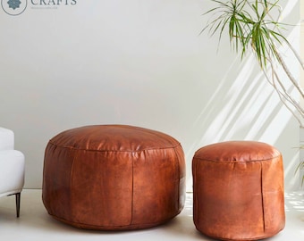 Authentic Handcrafted Ottoman Leather Pouf, Round Leather hassock Ottoman, Leather Living Room Pouf ,Brown Leather Coffee Table.