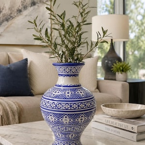 Hand Painted Blue Moroccan Ceramic Vase, Handmade Flower Vase, Decorative Pottery, Boho Home Decor, Fez Pottery