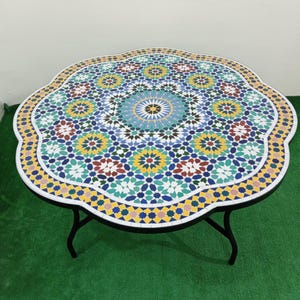 Handmade Moroccan Mosaic Table: Zellige Tile Bistro Table, Outdoor Patio Furniture, Custom Wrought Iron Base, Luxury Home Decor,Garden Table