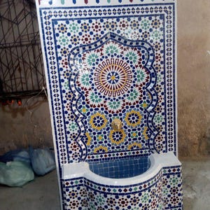 Handcrafted Moroccan Mosaic Fountain, Outdoor Wall-Mounted Water Feature, Unique Tile Design, Patio Decor, Elegant Courtyard Garden Fountain