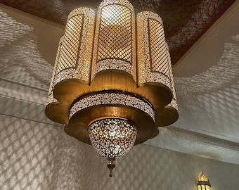 Mid Century Moroccan Brass Pendant Light – Handmade Chandelier, Luxury Ceiling Fixture