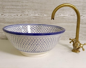 Handmade Blue Patterned Ceramic Sink – Up Mount Bathroom Vessel Basin, Artisan Vanity Bowl