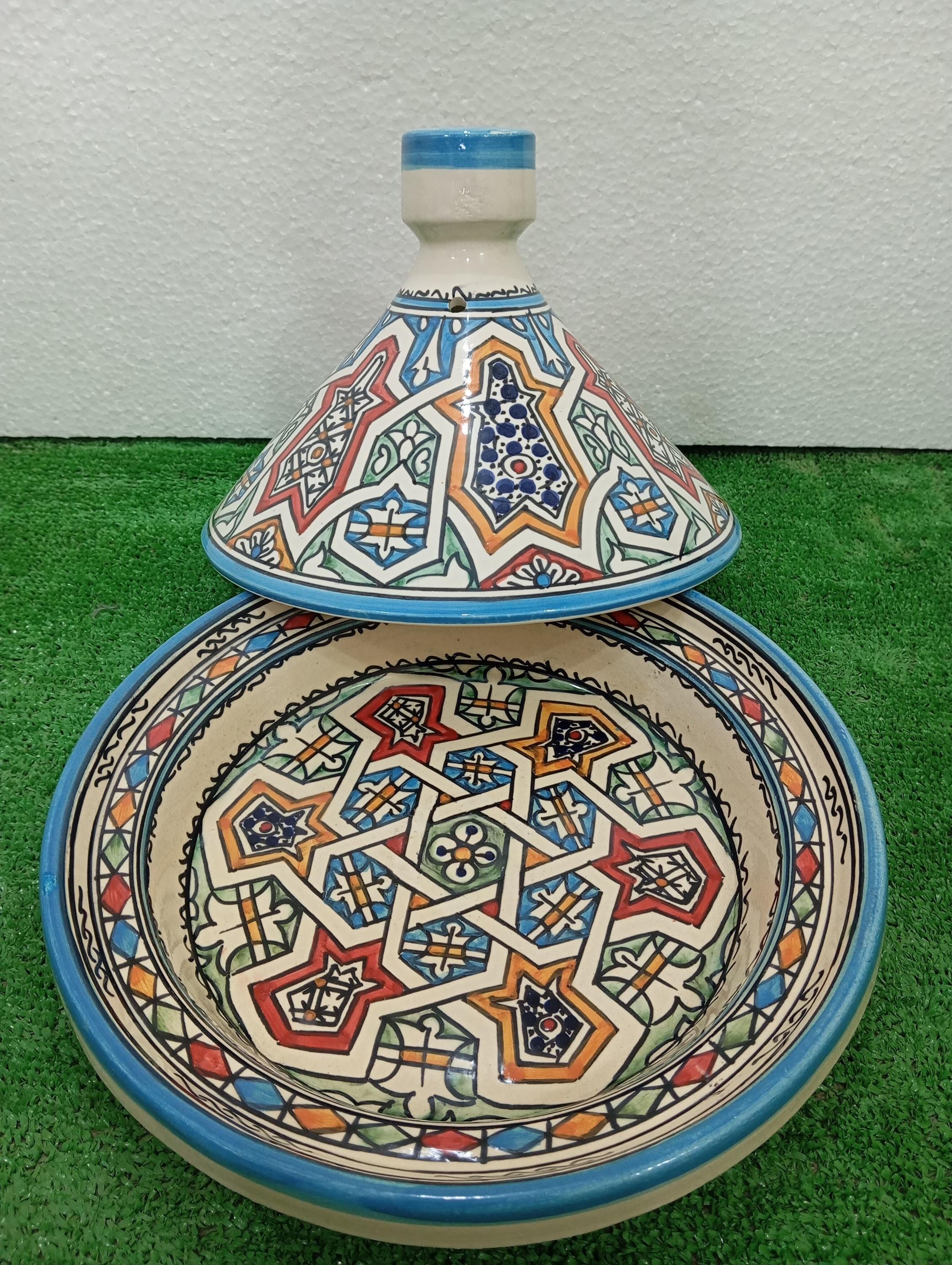 手作りモロッコ料理用タジン – カラフルなフェズ模様の鉛フリー
