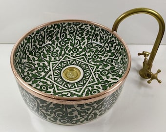 Handmade Moroccan Ceramic Sink, Green White Vessel Sink, Copper Rim Bathroom Vanity Basin, Round Artisan Boho Decor