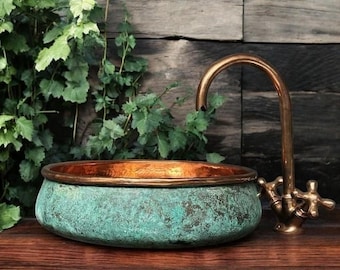 Oxidized Copper Sink Bathroom – Green Patina Copper Washbasin, Handmade Rustic Vessel Sink, Unique Farmhouse Vanity, Decorative Copper Basin