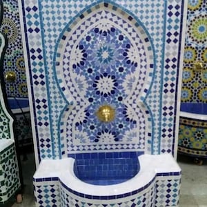 Moroccan Mosaic Garden Fountain, Handcrafted Outdoor Water Feature, Wall-Mounted Tile Fountain, Unique Patio Decor, Artisan Courtyard Design