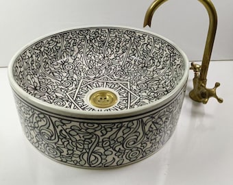 Black and White Moroccan Vessel Sink, Hand Painted Ceramic Bathroom Basin, Modern Minimalist Vanity Sink Decor