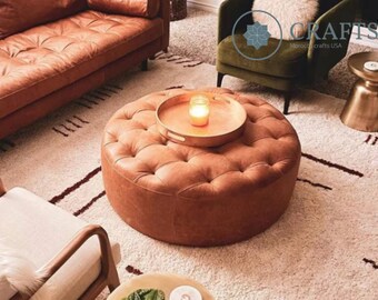 Authentic Tufted Ottoman Leather Pouf, Round Ottoman Coffee Table Pouf, Round Tufted Living Room Pouf.