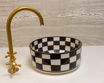Handcrafted Checkered Sink – Black and White Ceramic Vessel Basin, Modern Bathroom Vanity Bowl