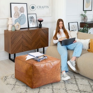 Custom leather pouf,leather puff,Pouf Leather,Nursery Pouf,round footstool,Pouf Square Ottoman,Genuine Leather pouf-Leather Pouf-light Brown