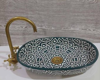 Handmade Green Moroccan Oval Sink – Ceramic Vessel Basin for Bathroom Vanity or Powder Room
