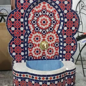 Arched Moroccan Mosaic Fountain – Red & Blue Zellige Tile Water Feature, Custom Handmade Wall Fountain for Patio, Garden, or Indoor Decor