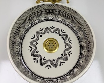 Hand-Painted Moroccan Ceramic Sink: Black Bathroom Vessel Basin – Round Vanity Bowl, Artisan Countertop Washbasin, Unique Home Decor