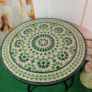 Green Round Moroccan Mosaic Table – Handmade Outdoor Indoor Patio Table – Artisan Tile Bistro Table – Garden Coffee or Dining Table -