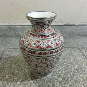 Hand-Painted Fes Vase - Moroccan Ceramic Nickel Silver Vase - Handmade Pottery Vase for Home Decor, Vintage Moroccan Artwork, red Vase