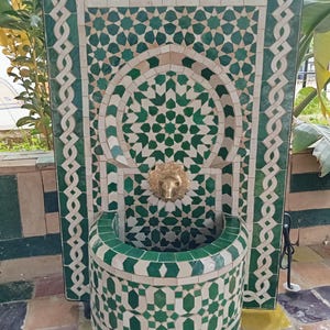 Green Moroccan Mosaic Fountain, Handmade Zellige Tile Water Feature, Indoor Outdoor Garden Fountain, Patio Wall Decor, Moorish Accent