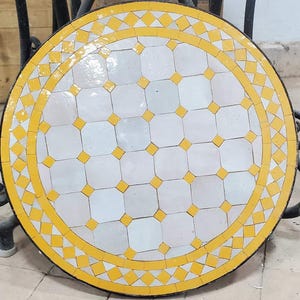 Moroccan Round Mosaic Table, Handmade White and Yellow Zellige Tile Table, Outdoor Bistro Patio Table, Garden Dining Decor, Balcony Accent