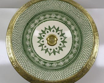 Moroccan Green Ceramic Vessel Sink with Brass Rim, Hand Painted Bathroom Basin, Boho Farmhouse Vanity Sink