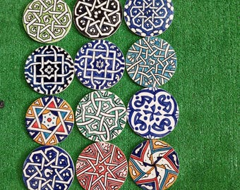 Set of 6 Hand Painted Moroccan Mosaic Tile Coaster 10 cm, Organic Natural Colors, Moorish Inspired Design,mosaic coaster, Vibrant Home Décor