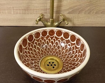 Brown Moroccan Fish Scale Ceramic Sink Handmade Vessel Sink Bathroom Vanity Sink Brass Faucet Boho Rustic Bathroom Decor